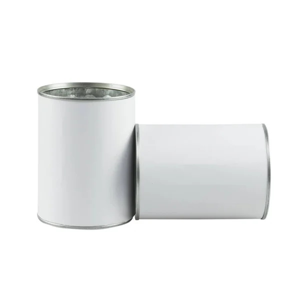Beyaz Arkaplanda Izole Edilmiş Boş Beyaz Etiketli Teneke Kutu — Stok fotoğraf