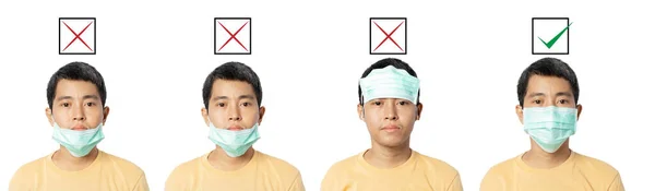 Young Man Showing Right Wrong Way Wearing Mask Protection How — Stock Photo, Image