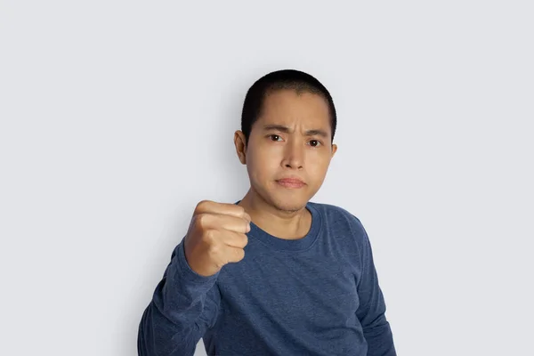 Portrait Young Man Winner Gesture Celebrating Victory Happy Gray Background — Stockfoto