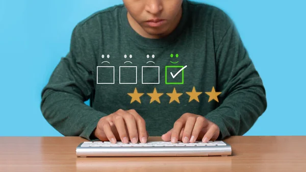 Young Man Using Wireless Keyboard Virtual Screen Smiley Face Icon — Foto Stock
