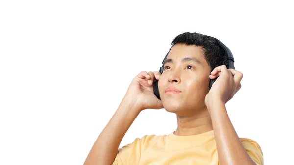 Young Man Listening Music Headphones Isolated White Background — Photo