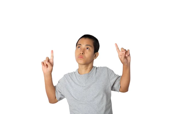 Young Man Pointing His Finger Isolated White Background Copy Space — Stock Photo, Image