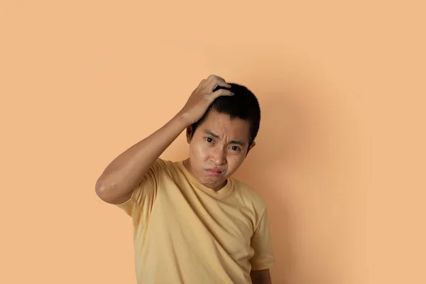 Portrait Young Man Wearing Shirt Feeling Disappointed Orange Background Copy — Stock fotografie