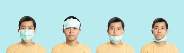 Young Man Showing Right Wrong Way Wearing Mask Protection How — Stock Photo, Image