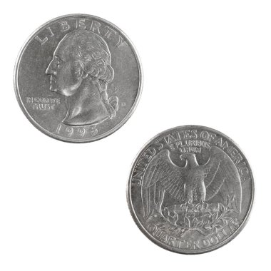 Beyaz zemin üzerinde ABD nikel sikkesi (25-Cent Coin) izole.
