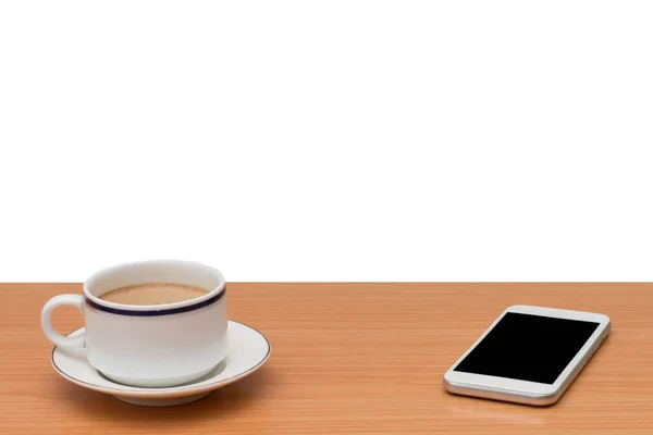 Café Teléfono Inteligente Sobre Mesa Madera Aislado Fondo Blanco — Foto de Stock