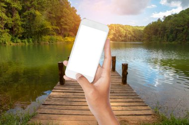 Göl kenarındaki ahşap rıhtımlı akıllı telefon.. 