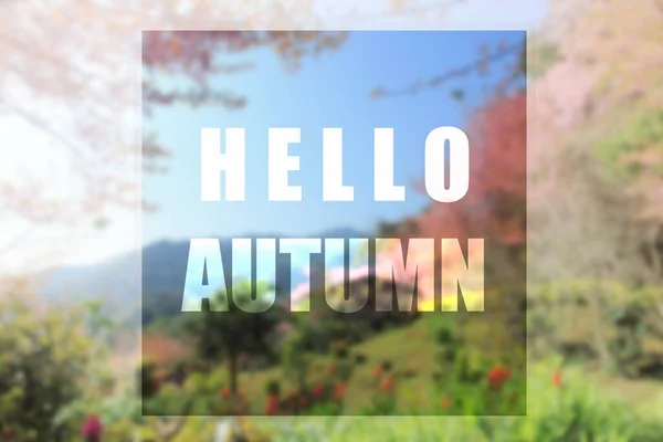 Hello Autumn Text Blurred Background Flower Mountain — Stock Photo, Image