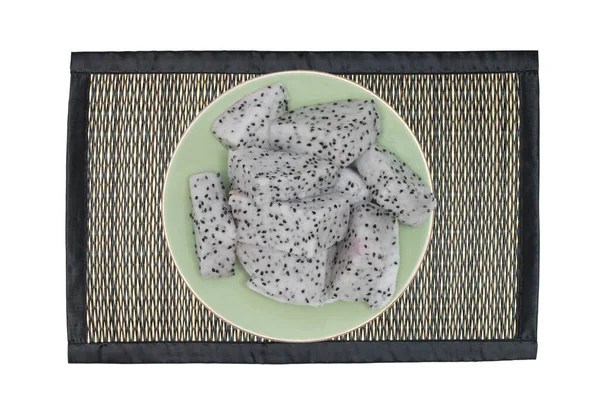 Dragon Fruit Saucer Bamboo Mat Isolated White Background Clipping Path — Stock Photo, Image