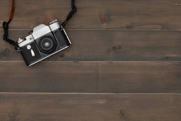 Câmera Vintage Fundo Madeira Com Espaço Livre Texto — Fotografia de Stock