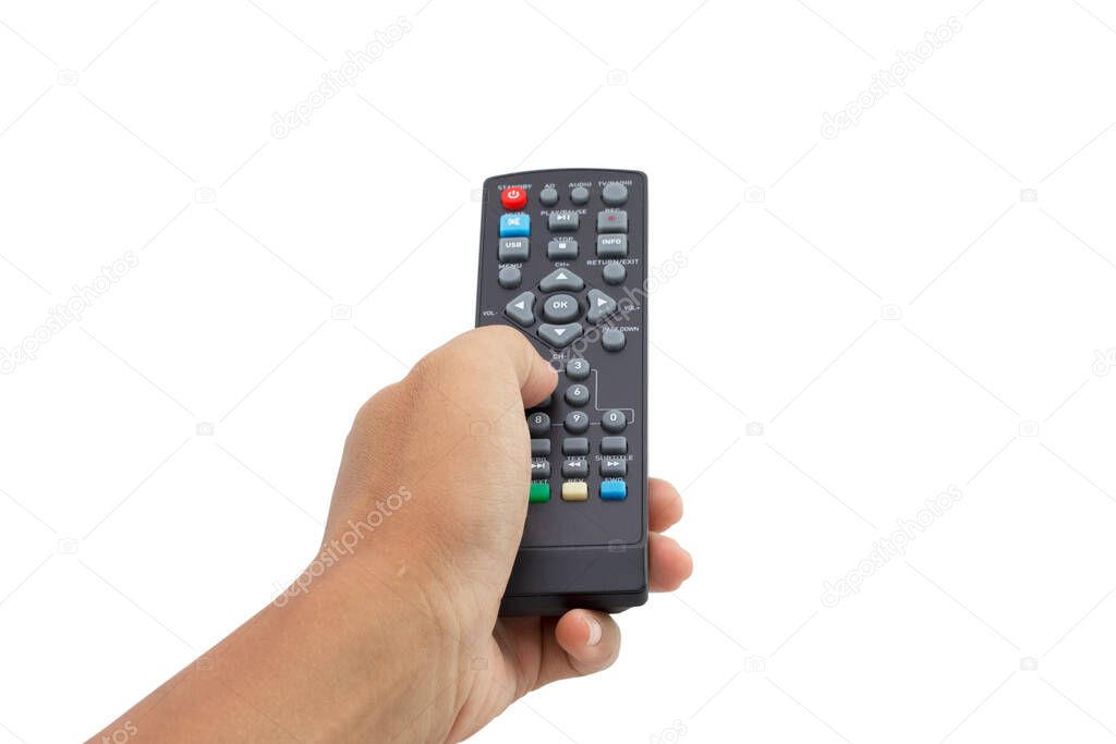 hand holding remote control isolated on white background - clipping paths.
