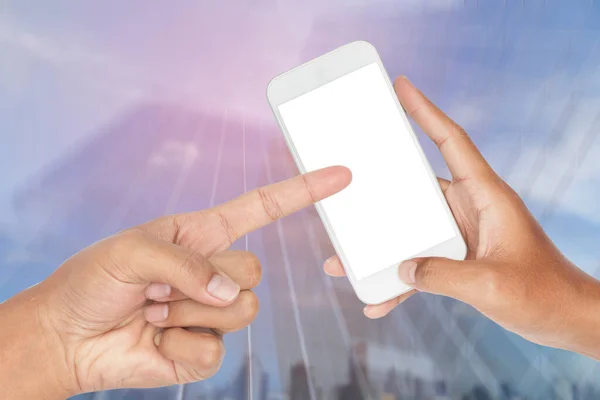 Nahaufnahme Einer Hand Die Ein Modernes Smartphone Hält Mit Abstrakten — Stockfoto
