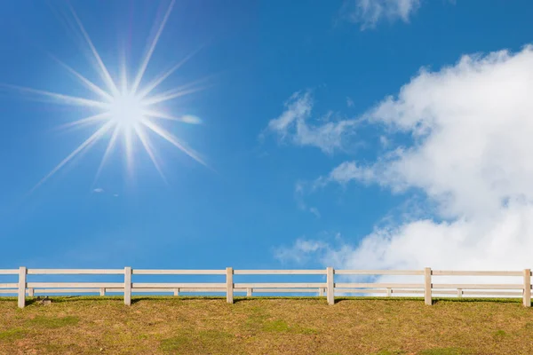 Ahşap Çit Çimen Mavi Gökyüzü — Stok fotoğraf