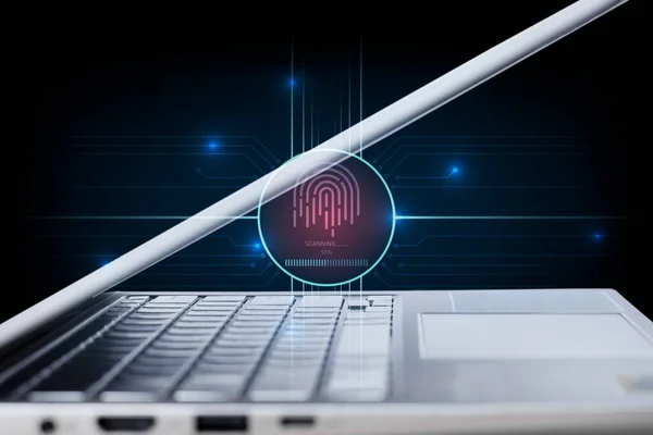 Ujjlenyomat Szkenner Biztonsági Technológia Egy Számítógép Laptop Fekete Alapon — Stock Fotó