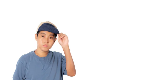 Gorra Hombre Retrato Camisa Azul Aislados Sobre Fondo Blanco Caminos — Foto de Stock