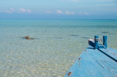 Güzel bir sahne, tropikal denizde mavi arka planda bir tekne.