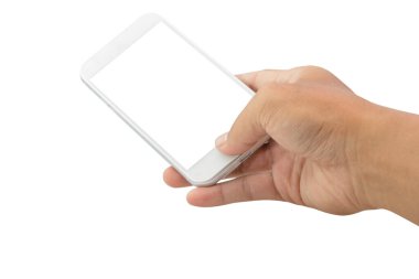 Beyaz arkaplanda izole edilmiş akıllı telefonlu el - kırpma yolları