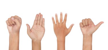 Beyaz arkaplanda izole edilmiş farklı el işaretleri kümesi