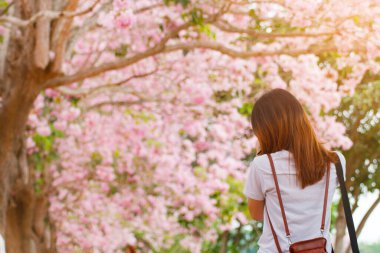 Kadın geri çekiliyor ve pembe çiçeğe bakıyor.