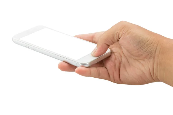 Рука Смартфоном Ізольовані Білому Тлі Відсічні Контури — стокове фото