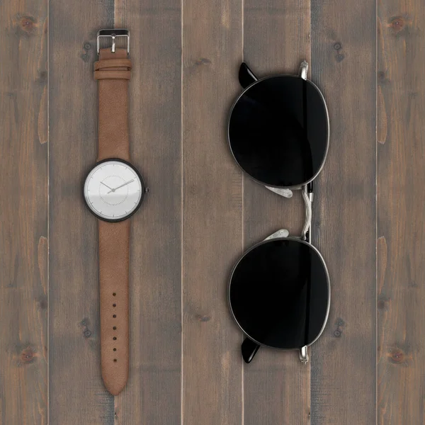Okulary Przeciwsłoneczne Zegarek Drewnianym Tle — Zdjęcie stockowe