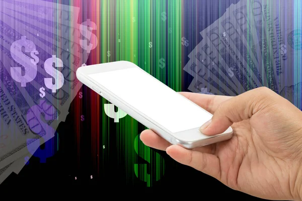 Hand Hält Smartphone Mit Dollar Auf Abstrakten Linien Effekthintergrund — Stockfoto
