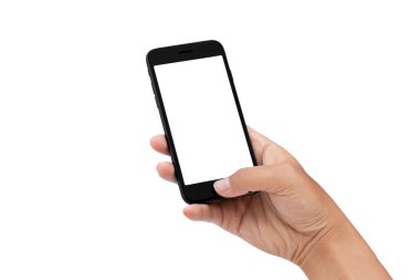 Beyaz arkaplanda el ele tutuşan akıllı telefon - kırpma yolları