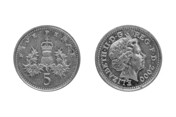 Moneda Cinco Centavos Británicos Aislada Sobre Fondo Blanco Recorte Caminos — Foto de Stock