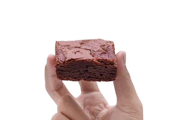 Mano Celebración Pastel Chocolate Brownies Aislados Sobre Fondo Blanco Recortar — Foto de Stock