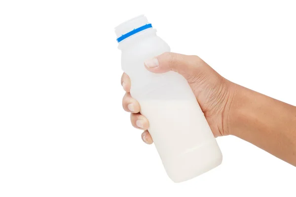 Рука Тримає Пляшку Молока Ізольовані Білому Тлі Відсічні Контури — стокове фото