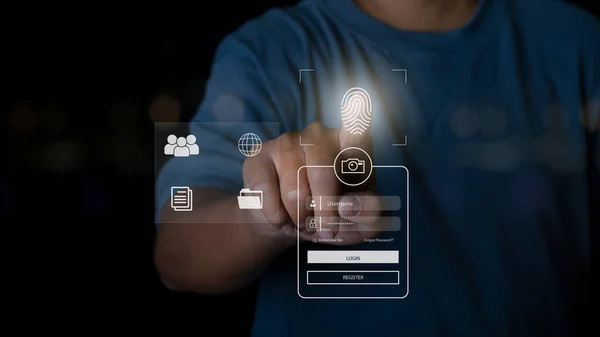 Üzletember Ellenőrzi Ujjlenyomat Biometrikus Azonosítását Jóváhagyását Bejelentkezés Felhasználó Információbiztonság Felhasználó — Stock Fotó