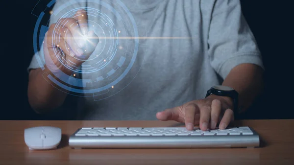 Businessman Using Keyboard Computer Tactile Interface Virtual Screen Digital Tech — Fotografie, imagine de stoc