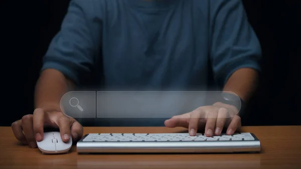 Man Hands Using Computer Keyboard Searching Information Data Internet Networking — 스톡 사진