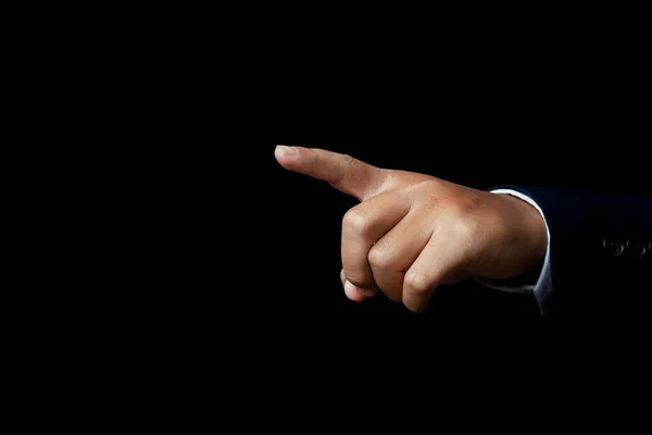 Hand Finger Pointing Isolated Black Background Copy Space — Stockfoto