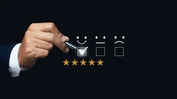 Businessman Hand Choosing Screen Five Star Icon Give Satisfaction Service — Foto Stock