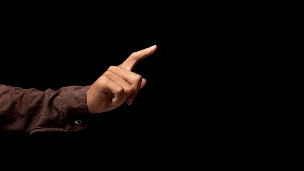 Hand Finger Pointing Isolated Black Background Copy Space — Fotografia de Stock