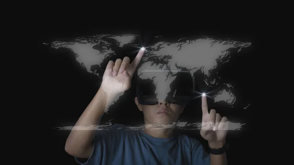 Studio Portrait Man Wearing Headset Touching World Map Black Background — Fotografia de Stock