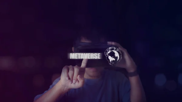 Man Wearing Headset Touching Metaverse Text Neon Color Background Virtual — Zdjęcie stockowe
