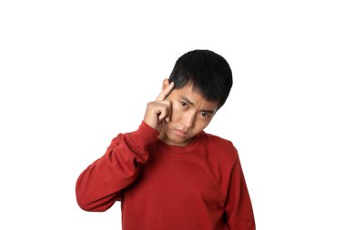 Portrait of young man thinking gesture sign. Human emotion face expression concept. Studio shot isolated on white background. copy space.