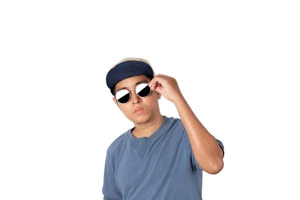 Portrait Asian Man Wearing Sunglasses Blue Shirt Cap Isolated White — Zdjęcie stockowe