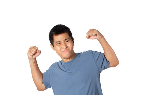 Portrait Man Wearing Casual Blue Shirt Posing Show Arms Muscles — Stockfoto
