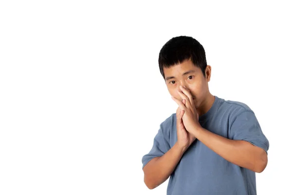 Portrait Young Man Wearing Blue Shirt Looking Camera Isolated White — Fotografia de Stock