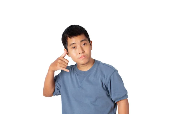 Portrait Young Single Man Wearing Shirt Making Call Gesture Sign — Fotografia de Stock