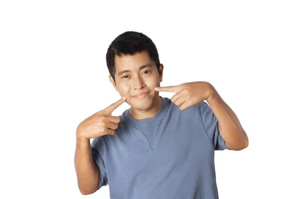 Young Man Wearing Casual Shirt Fingers Pointing Face Smiling Cheerful — 图库照片