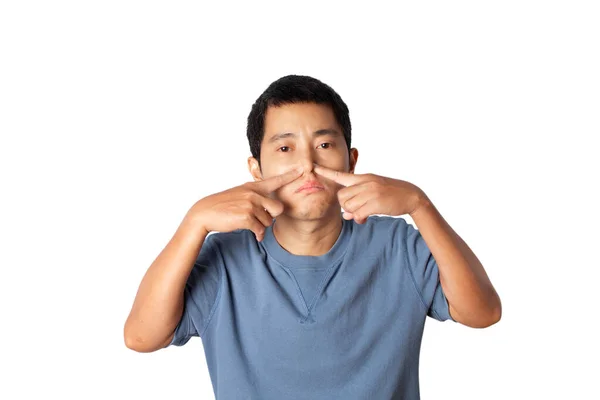 Retrato Joven Pellizcándose Nariz Cara Debido Mal Olor Aislado Sobre —  Fotos de Stock