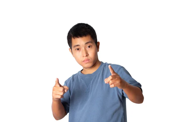 Portrait Young Man Pointing His Fingers Studio Shot Isolated White — Photo