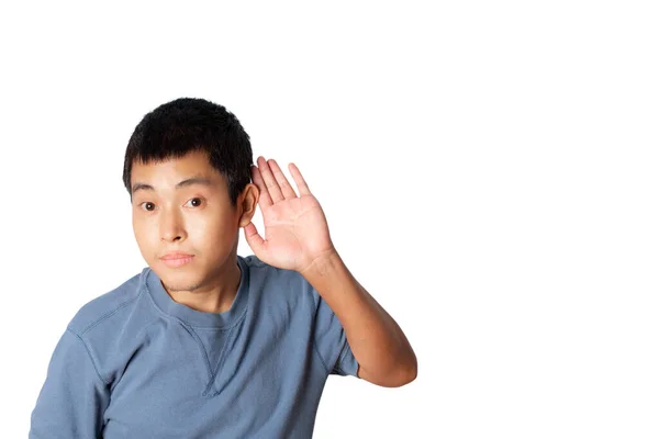 Portrait Young Man Wearing Casual Shirt Hand Ear Listening Hearing — Fotografia de Stock
