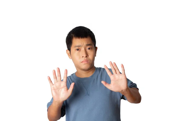 Portrait Young Man Wearing Casual Shirt Show Stop Gesture Sign — Stockfoto