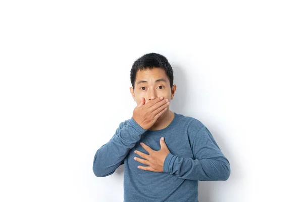 Portrait Young Man Wearing Casual Shirt Covering Mouth Hand Shocked — Stockfoto
