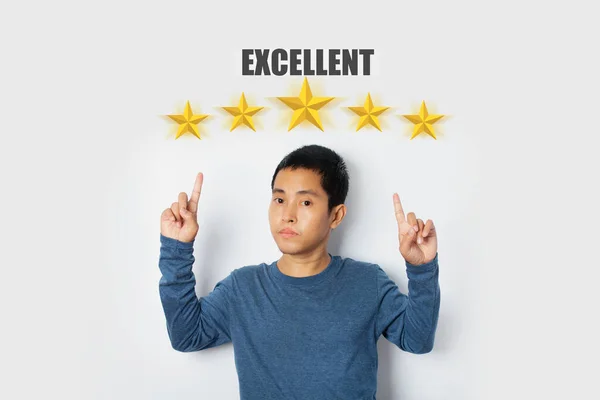 Young Man Choosing Screen Five Star Icon Give Satisfaction Service — Foto Stock